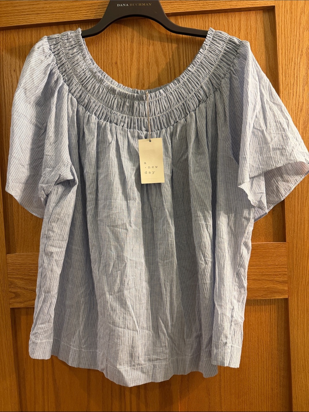 a new day Light Blue Pinstripe Off-Shoulder Smocked Top